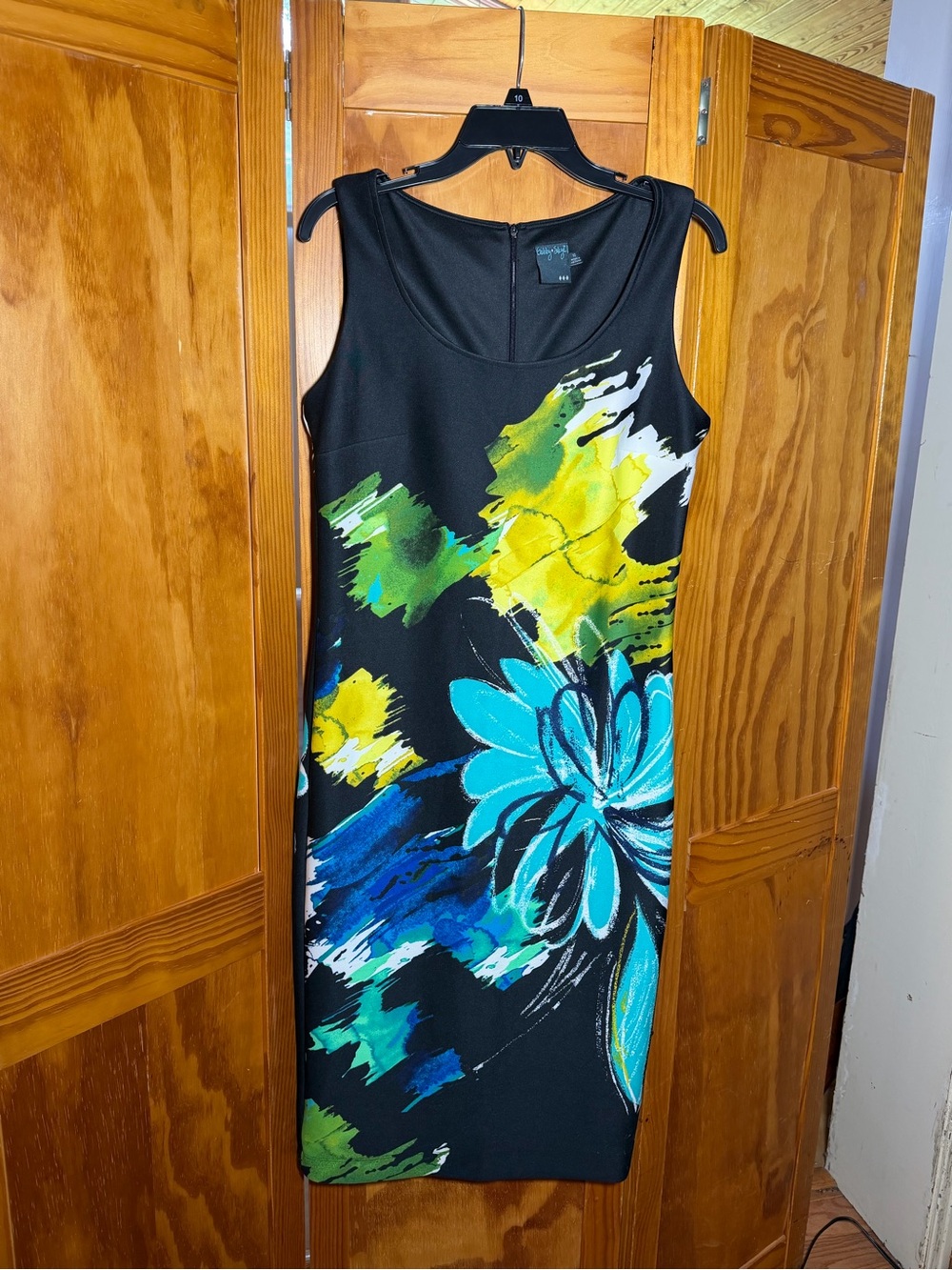 Sleeveless Black Floral Sheath Dress w/Teal & Yellow Print|Sz 10|Coastal, Resort
